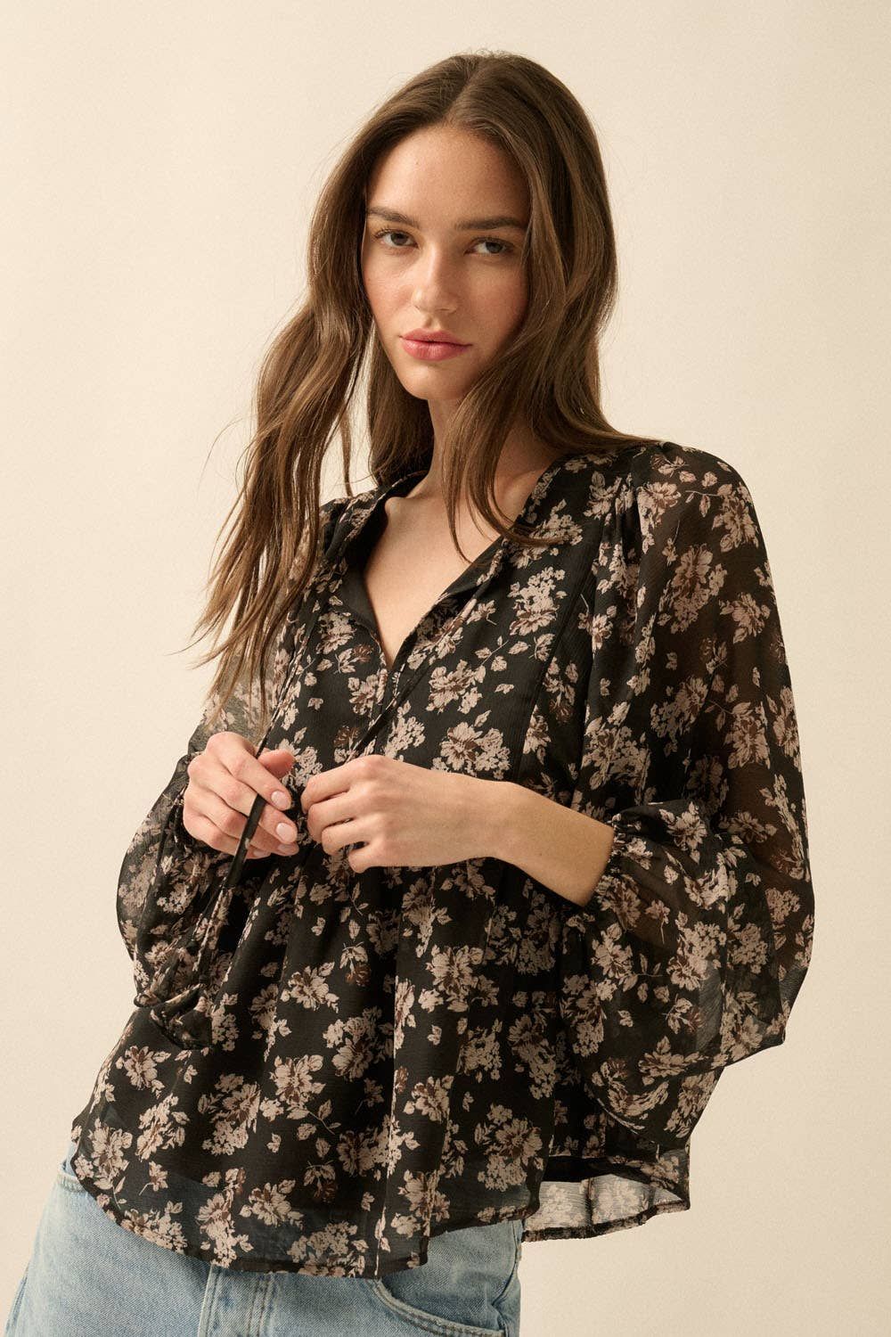 Floral Chiffon Babydoll Peasant Top, Size: M
