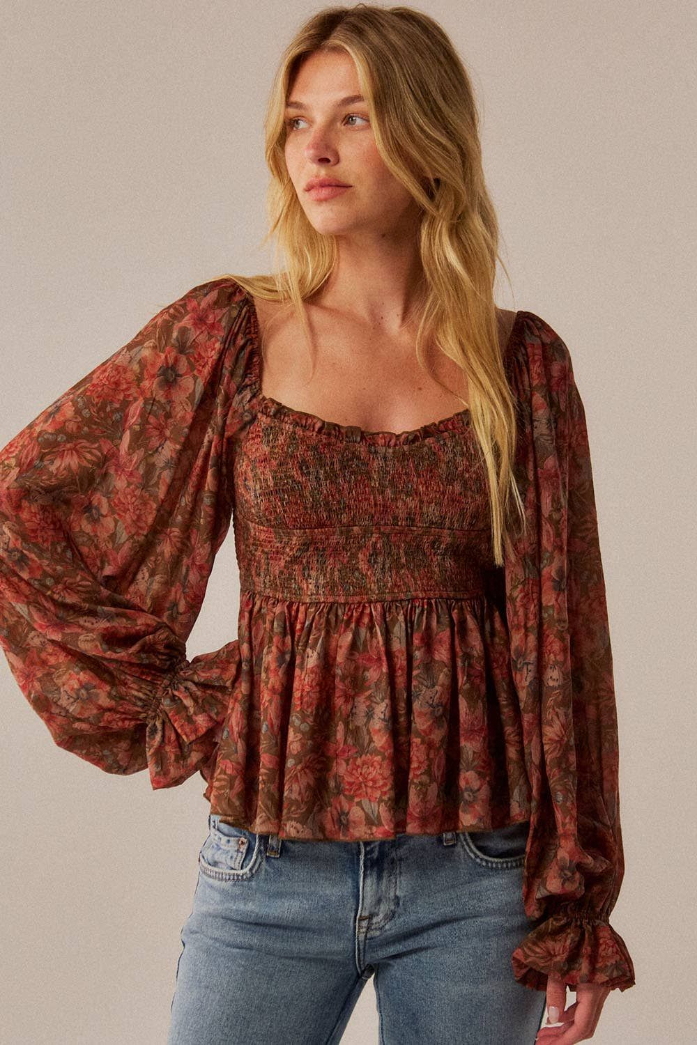 Floral Sweetheart Peasant Top, Size: S