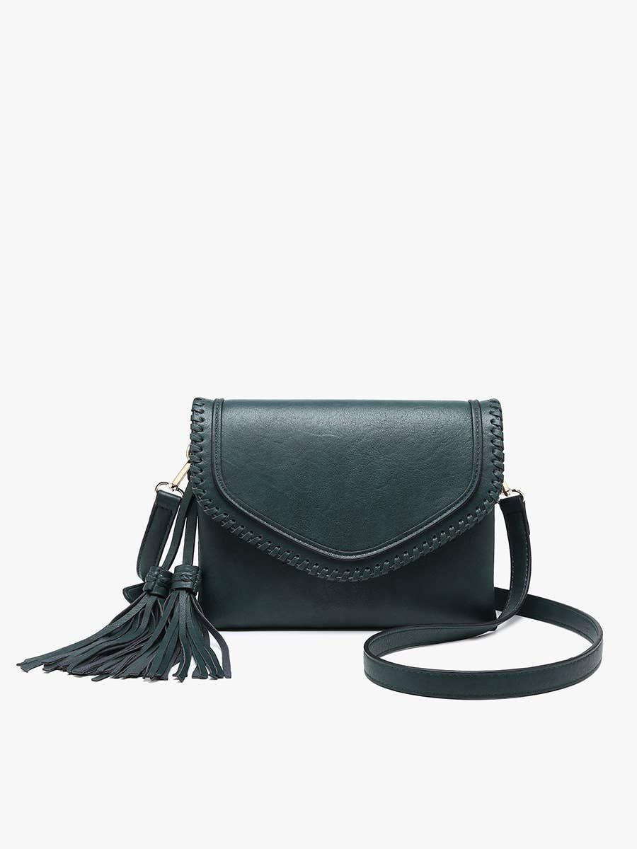 Sloane Flapover Crossbody w/ Whipstitch and Tassel | M1802A, Color: Hunter Green