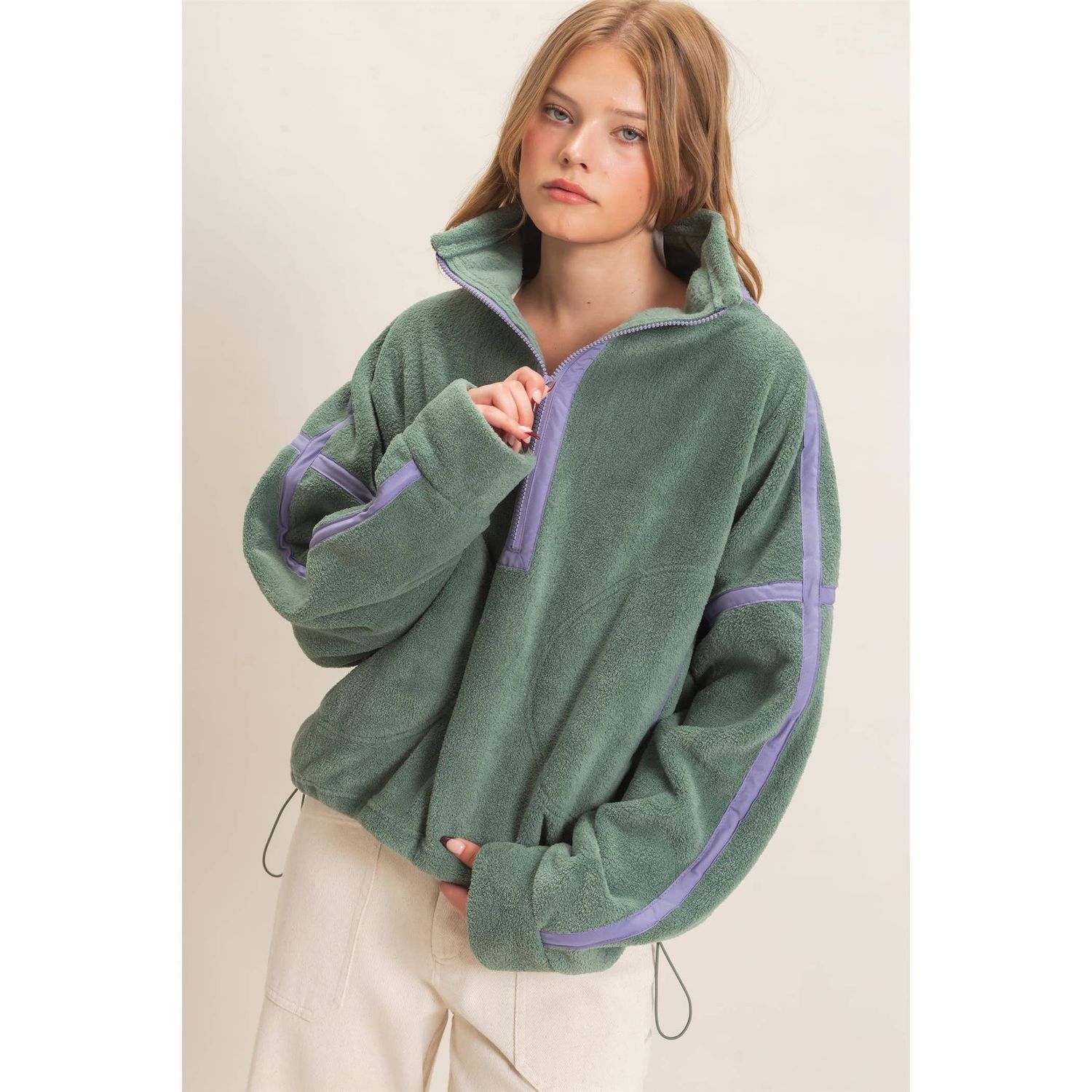 Contrast Trim Half-Zip Fleece Pullover, Size: S