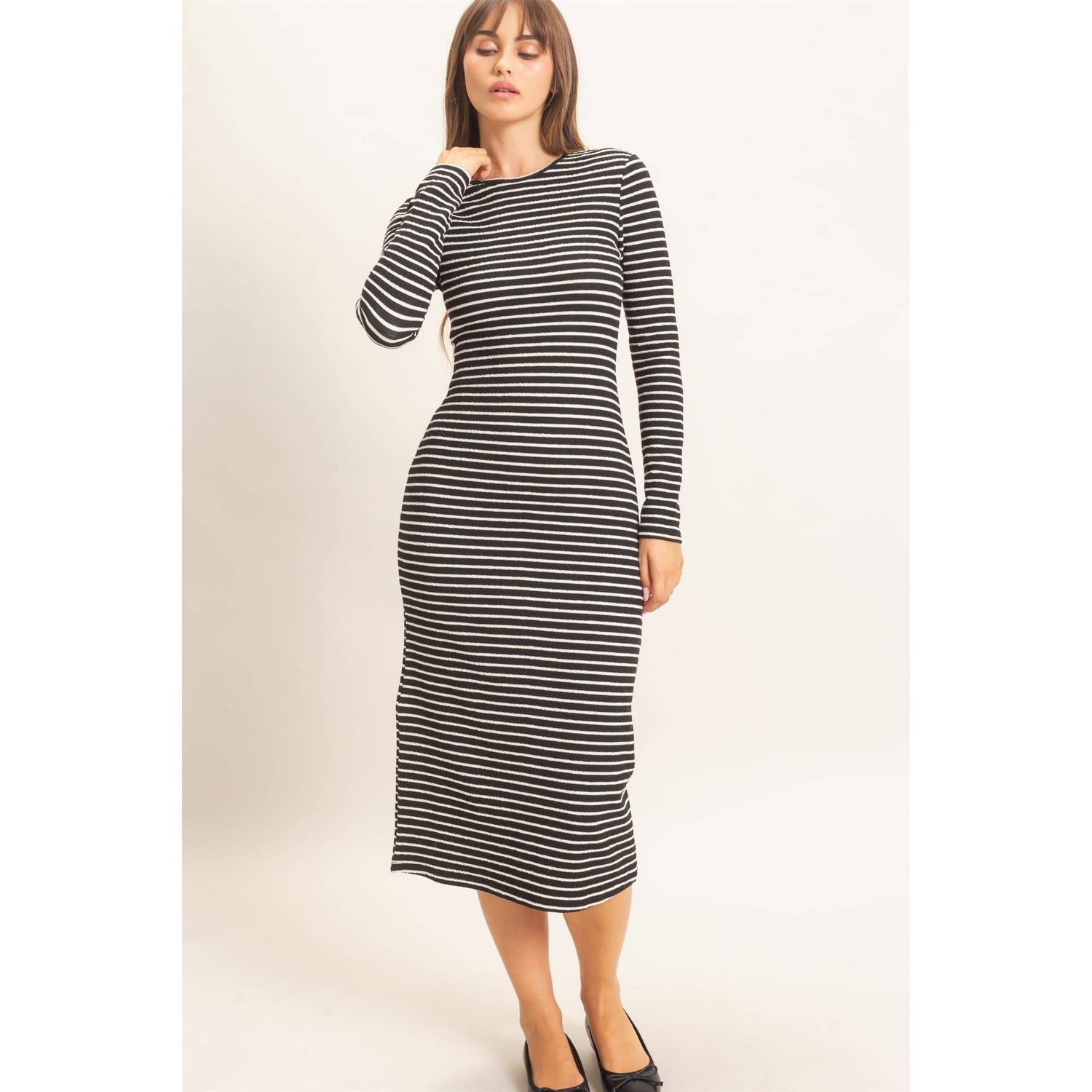 Striped Crew Neck Midi Dress, Size: S