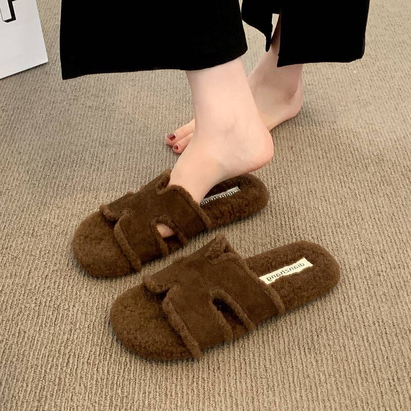 Plush Non-Slip Outdoor Slippers, Color: Coffee, Size: XL
