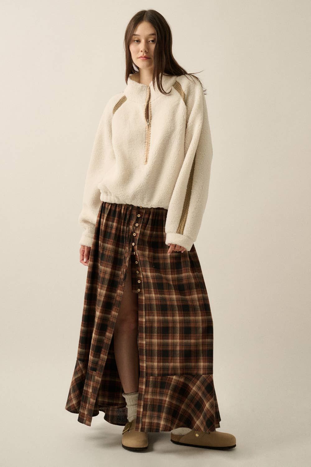 Plaid Flannel Ruffle-Hem Maxi, Size: L