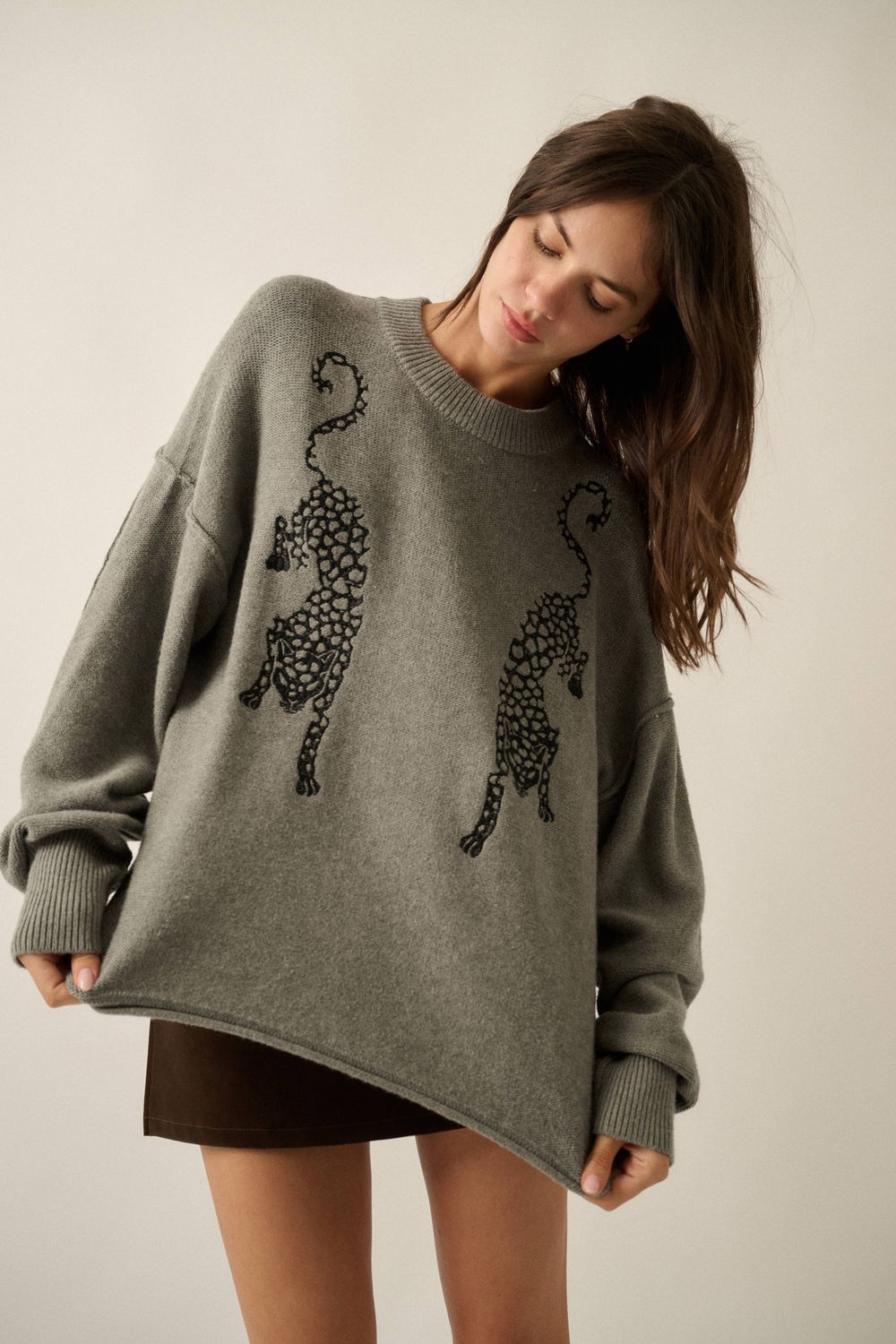 Embroidered Leopards Sweater, Size: S