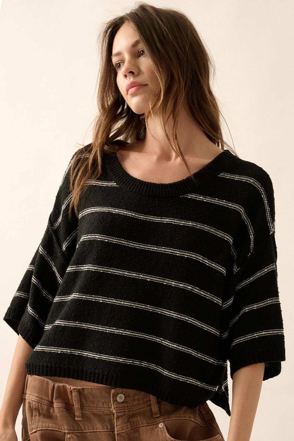 Striped Knit Boat Neck Sweater, Size: S