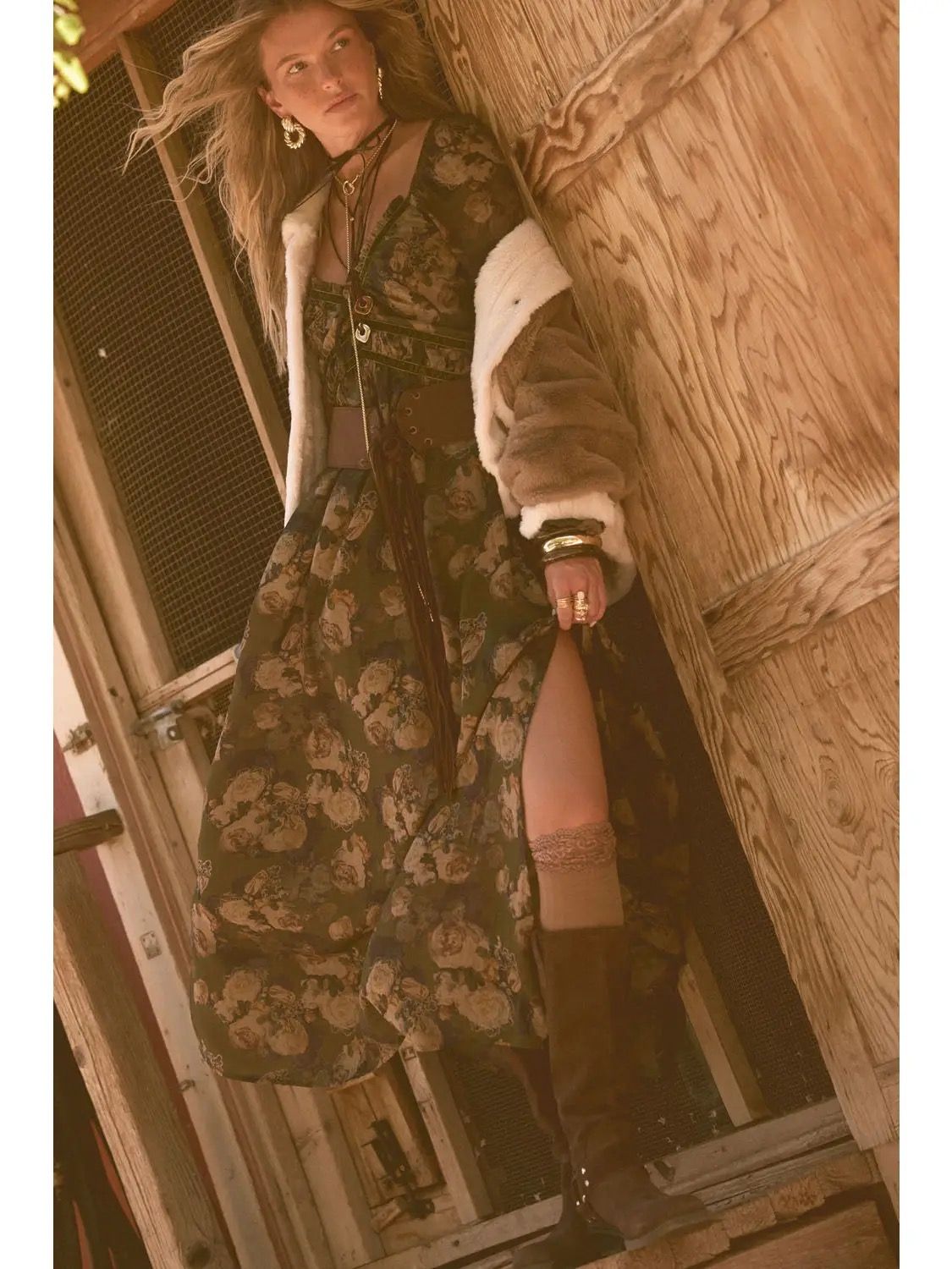 Floral Velvet-Trimmed Maxi, Size: S
