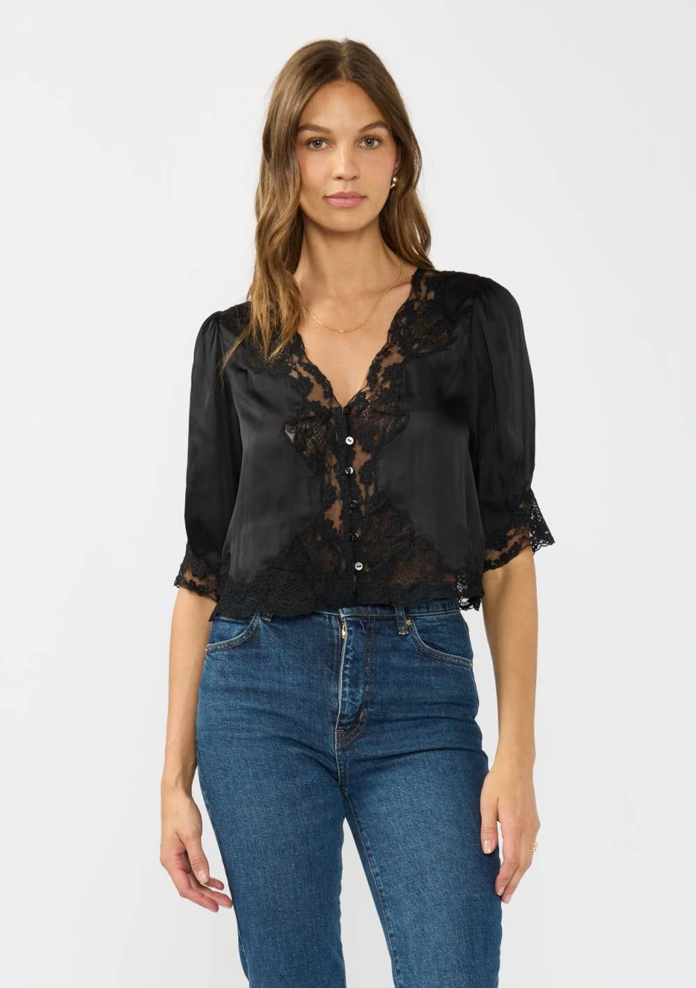 V-Neck Blouse with Lace Trim, Size: L