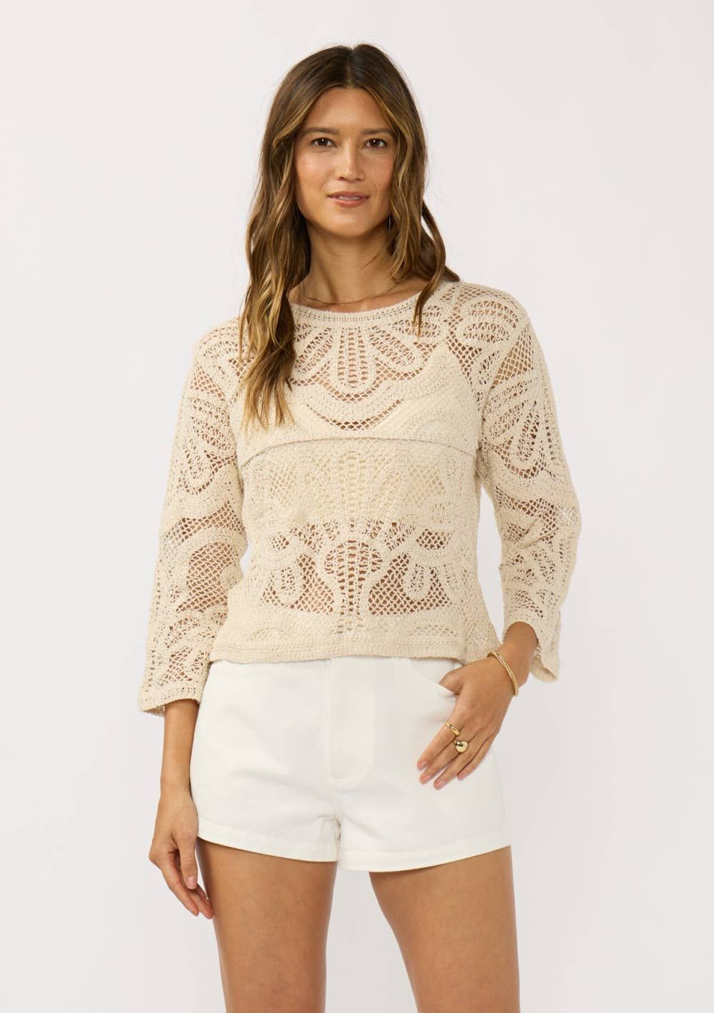 Crew Neck Long Sleeve Crochet Top, Size: L