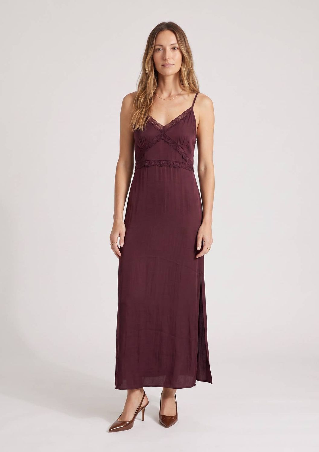 Spaghetti Strap Lace-Trim Smocked-Back Maxi Dress, Size: L