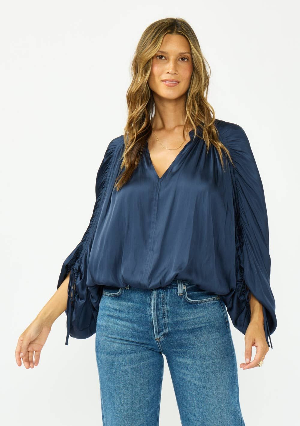 Ruched Long Sleeve Split-Neck Blouse, Size: L