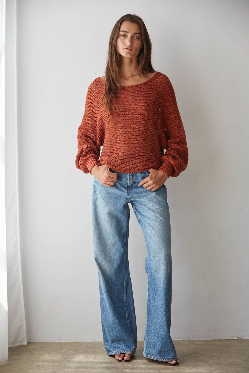 Crochet Round Neck Long Sleeve Top, Size: Medium