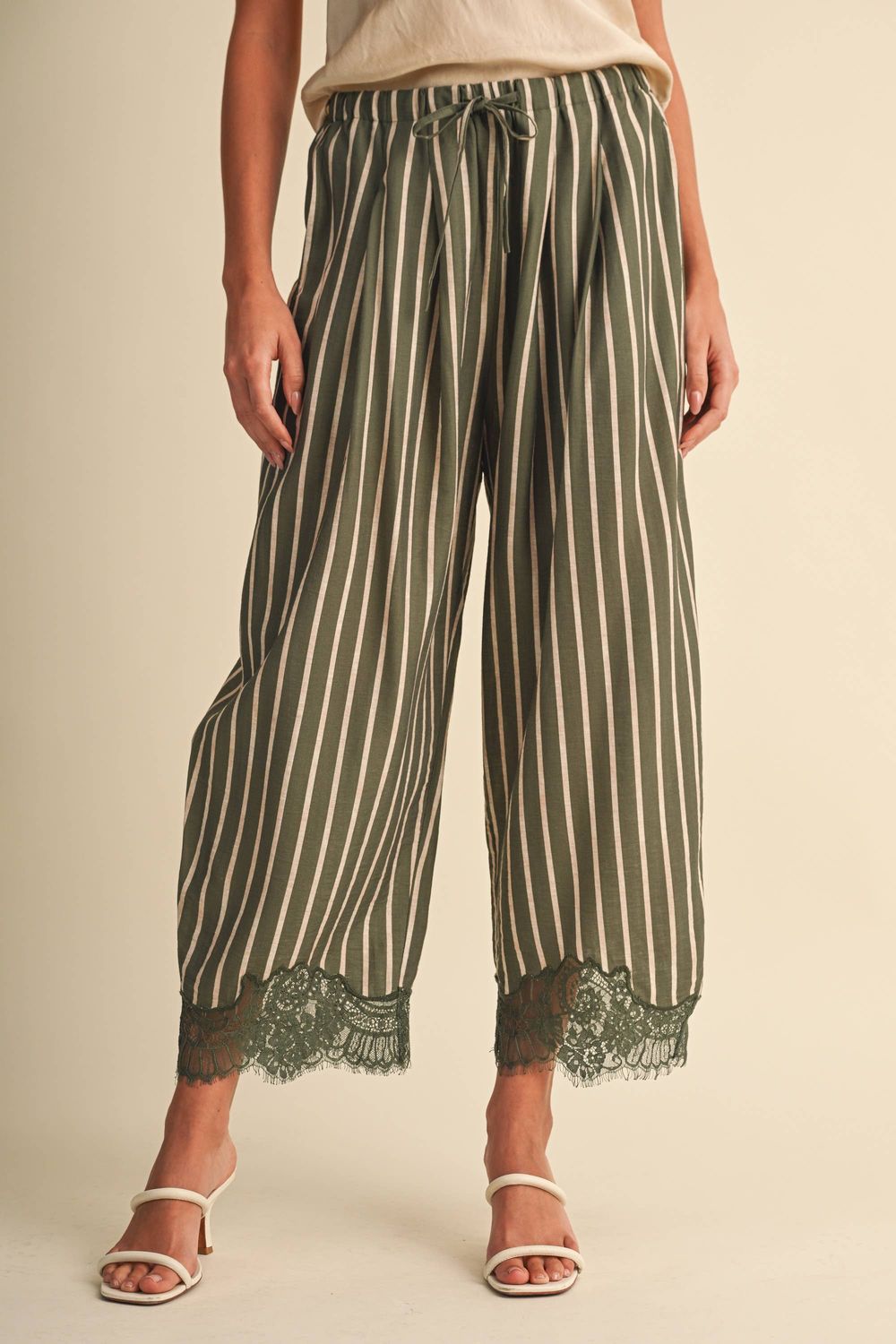 Lace Hem Striped Barrel Pants, Size: S