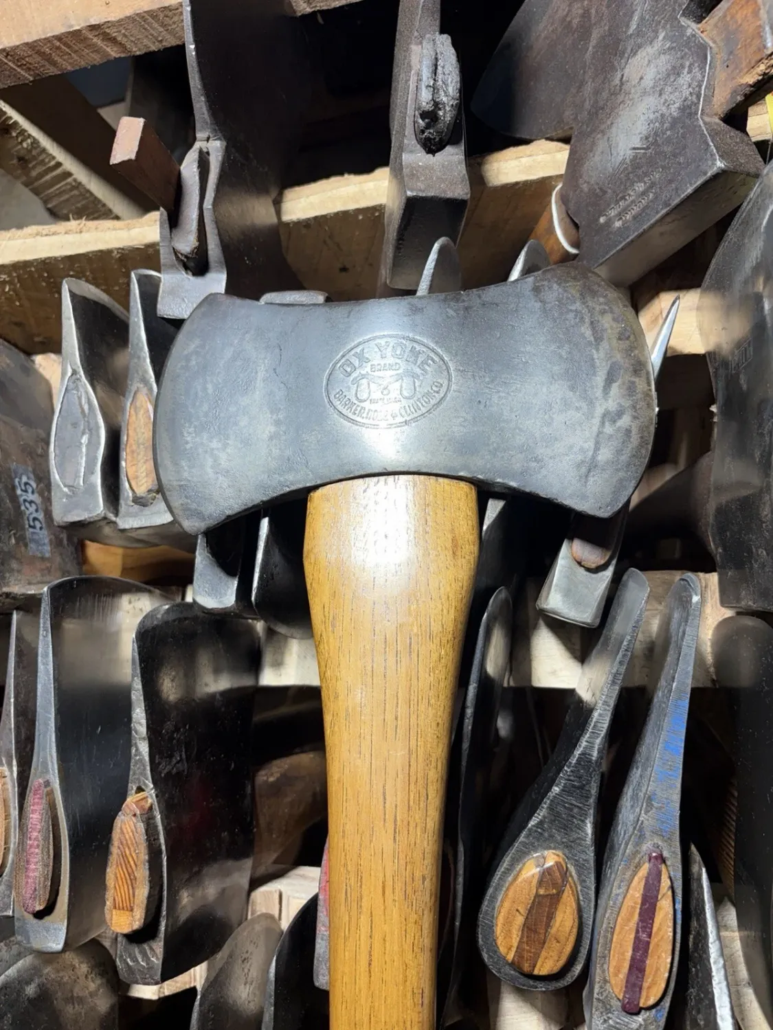 Vintage "Ox Yoke" Embossed Double Bit Axe, customized for the Barker, Rose &amp; Clinton Co