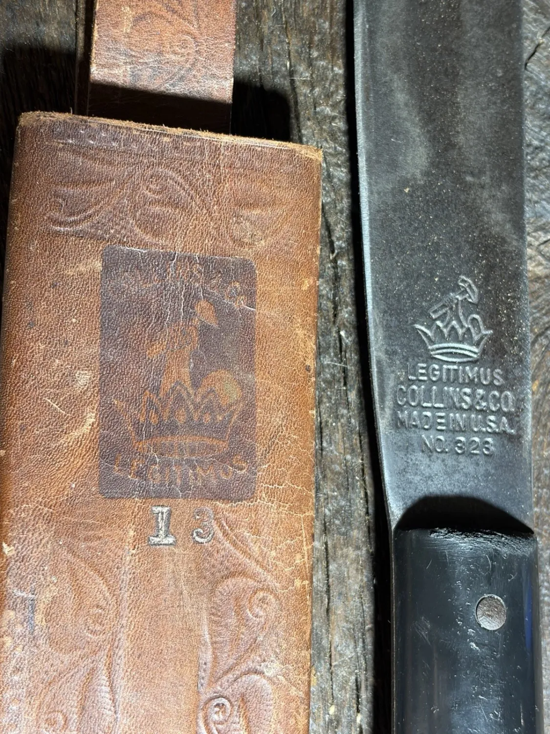 Vintage Collins &amp; Co. USA "Legitimus" No. 323 Machete w/ Original Leather Sheath