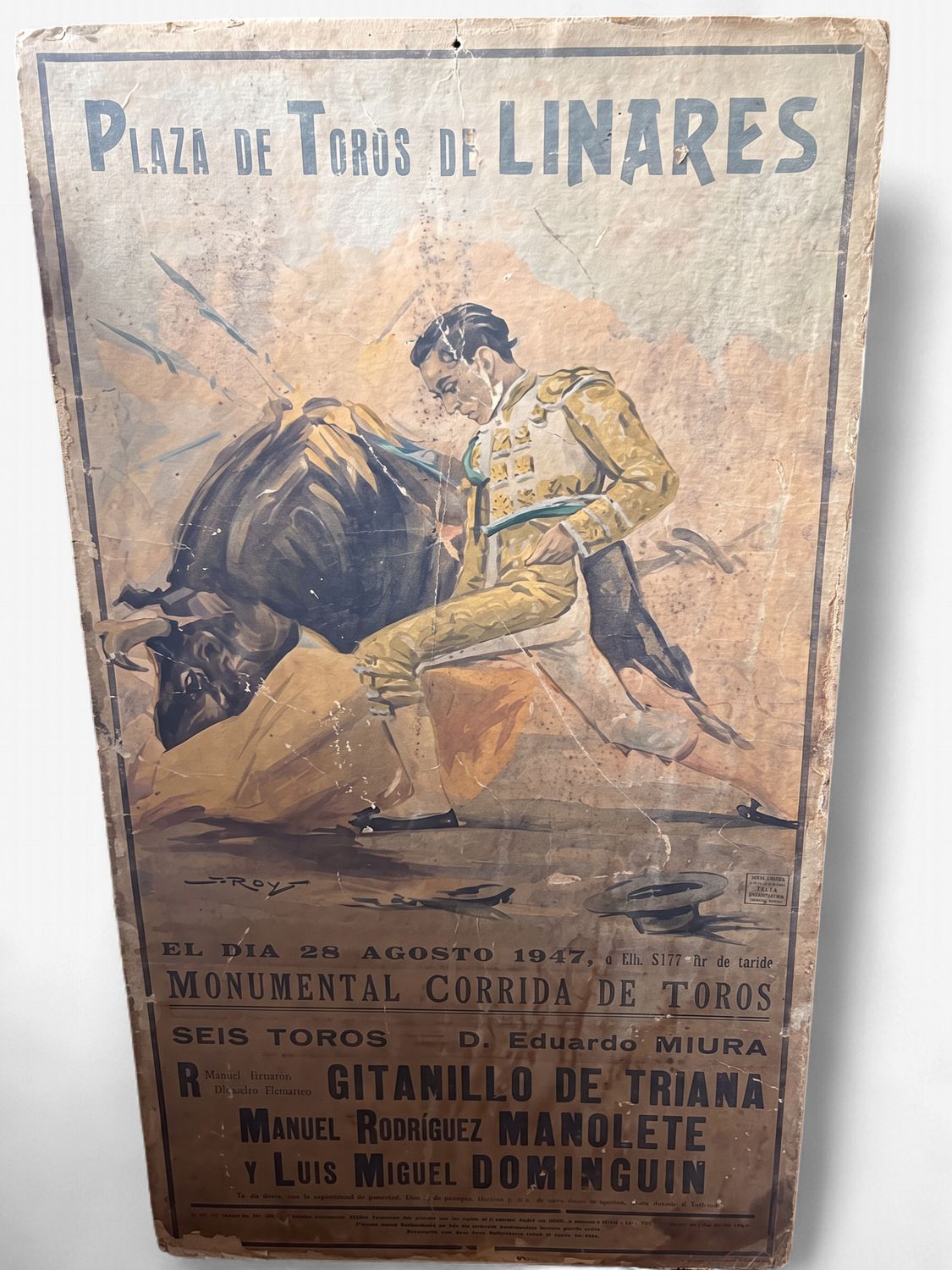 Vintage 1947 Spanish Bullfighting Poster Mounted on Fiberboard – Plaza de Toros