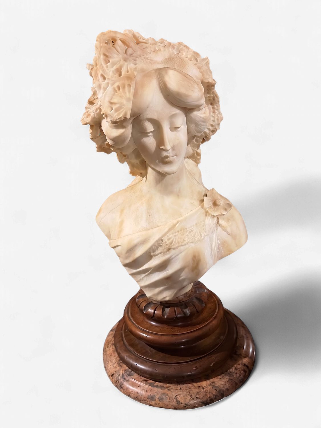 Antique Italian Carved Marble Statue by Adolfo Cipriani on Custom Wood &amp; Granite Pedestal