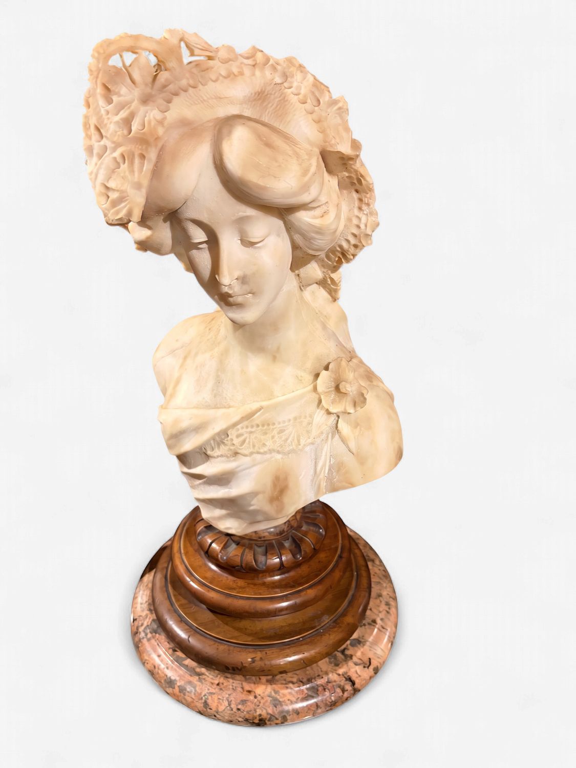 Antique Italian Carved Marble Statue by Adolfo Cipriani on Custom Wood &amp; Granite Pedestal
