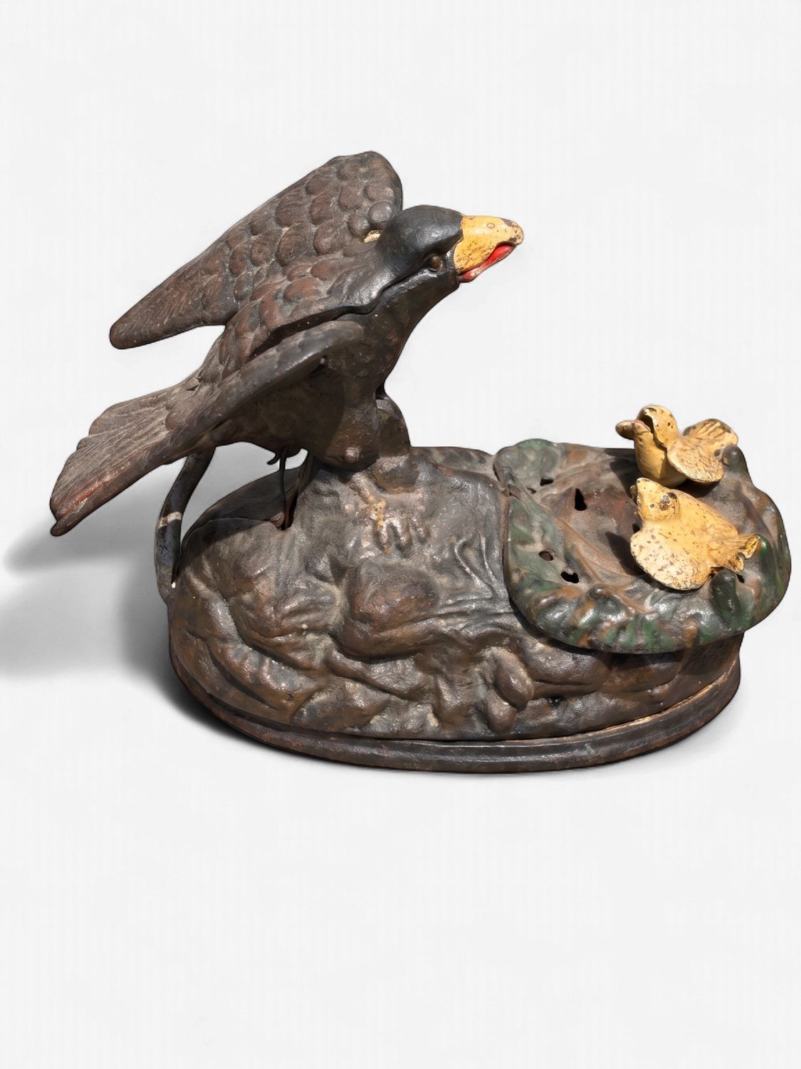 Antique J. &amp; E. Stevens Cast-Iron "Eagle &amp; Eaglets" Mechanical Coin Bank (1883) | Original Factory Paint