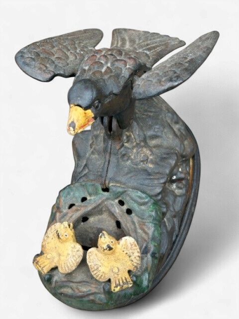 Antique J. &amp; E. Stevens Cast-Iron "Eagle &amp; Eaglets" Mechanical Coin Bank (1883) | Original Factory Paint