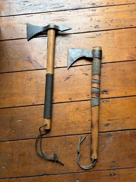 Custom Hand-Forged Ron Gramza Spike-Back Tomahawk &amp; Paracord Wrapped Bearded Hawk Set