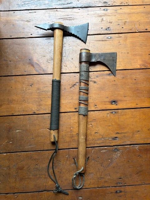 Custom Hand-Forged Ron Gramza Spike-Back Tomahawk &amp; Paracord Wrapped Bearded Hawk Set