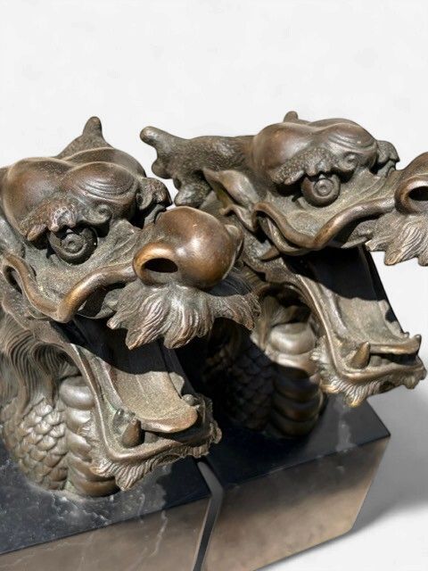 Pair of Vintage Asian Cast Bronze Dragon Head Bookends – Mounted on Black Veined Marble Bases