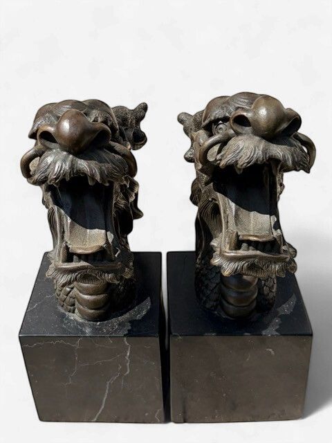 Pair of Vintage Asian Cast Bronze Dragon Head Bookends – Mounted on Black Veined Marble Bases