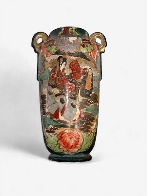 Pair of Antique Japanese Satsuma Hand-Painted Ceramic Vases – Twin-Handled Figural &amp; Floral Motif