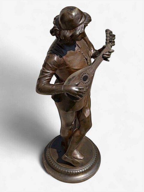 Vintage French Troubadour Mandolin Player Bronze Statue – Large Musician Sculpture