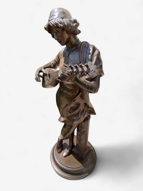 Vintage French Troubadour Mandolin Player Bronze Statue – Large Musician Sculpture