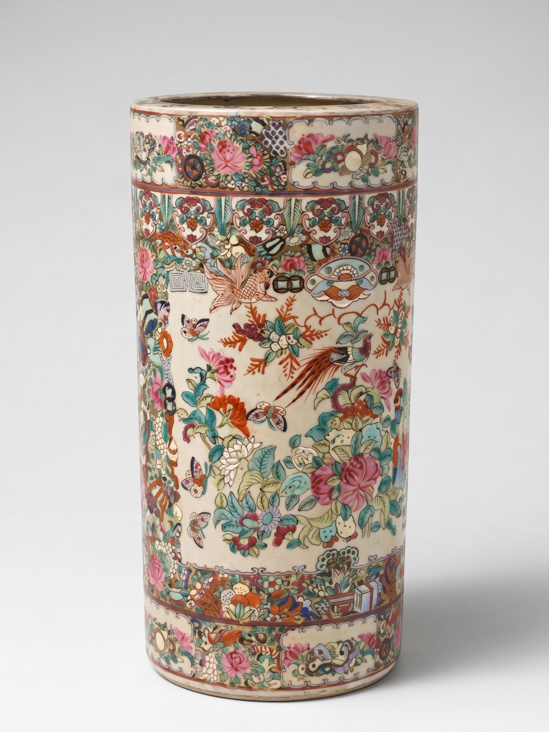 Large Antique Japanese Satsuma Porcelain Umbrella Stand – Hand-Painted Figural &amp; Floral Floor Vase