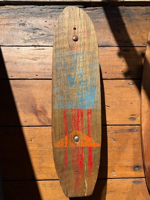 Vintage 1950s Custom "Frankenstein" Skateboard – Hand-Shaped Plank Deck, Custom Paint, Metal &amp; Clay Wheels