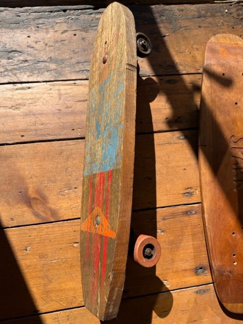 Vintage 1950s Custom "Frankenstein" Skateboard – Hand-Shaped Plank Deck, Custom Paint, Metal &amp; Clay Wheels