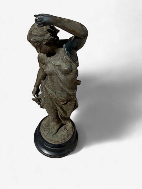 Turn-of-the-Century Antique Cast Metal Statue – Maiden Holding Fowl &amp; Birds – 19” Spelter Figurine