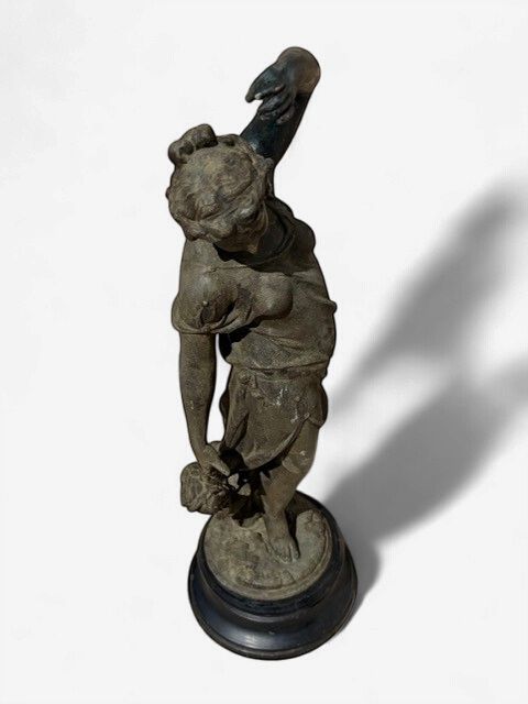 Turn-of-the-Century Antique Cast Metal Statue – Maiden Holding Fowl &amp; Birds – 19” Spelter Figurine