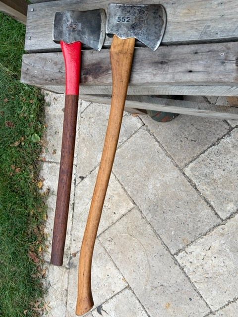 Pair of Vintage 1948 &amp; 1949 Spiller Jersey Pattern Axes – Hand-Forged Oakland, Maine Edge Tools