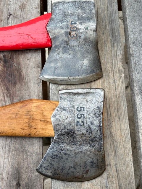 Pair of Vintage 1948 &amp; 1949 Spiller Jersey Pattern Axes – Hand-Forged Oakland, Maine Edge Tools