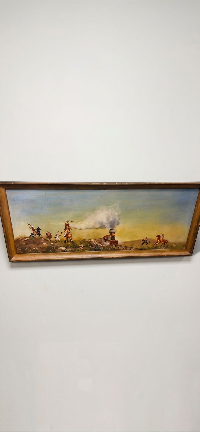 Vintage Western Oil Painting – Native American Warriors and Steam Locomotive Encounter
