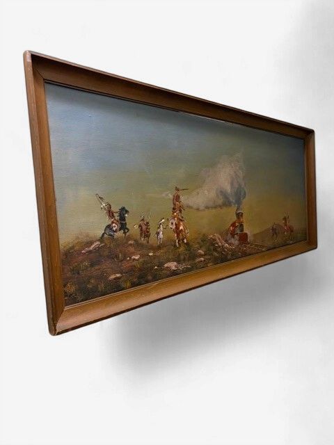 Vintage Western Oil Painting – Native American Warriors and Steam Locomotive Encounter