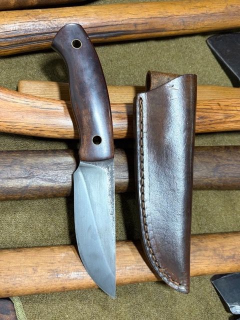 Ray Simonson Custom Hand-Forged Tapered Tang Bushcraft Knife with Brass Inlet Handle and Stamped Leather Sheath