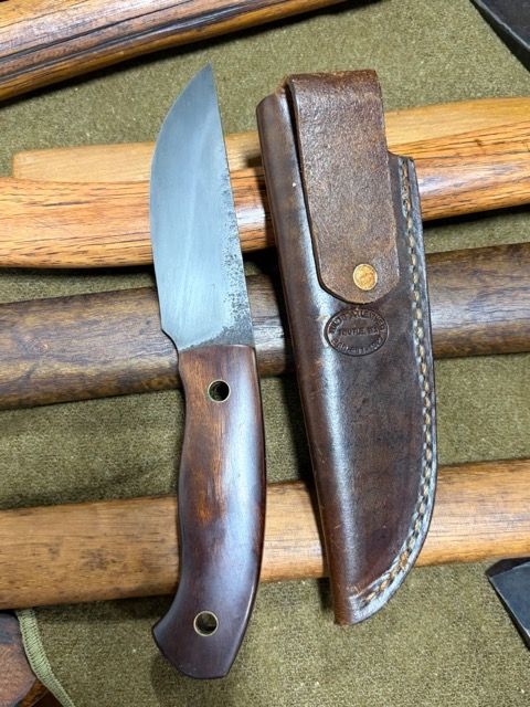 Ray Simonson Custom Hand-Forged Tapered Tang Bushcraft Knife with Brass Inlet Handle and Stamped Leather Sheath