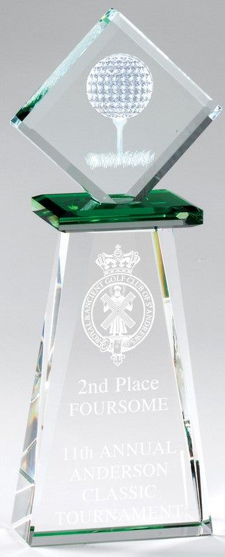 Crystal Diamond with 3-D Golf Ball and Tee on Green Pedestal Crystal Diamond with 3-D Golf Ball and Tee on Green Pedestal