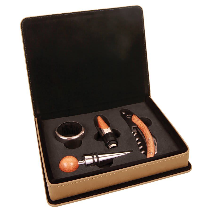 Light Brown Laserable Leatherette 4-Piece Wine Tool Set Light Brown Laserable Leatherette 4-Piece Wine Tool Set