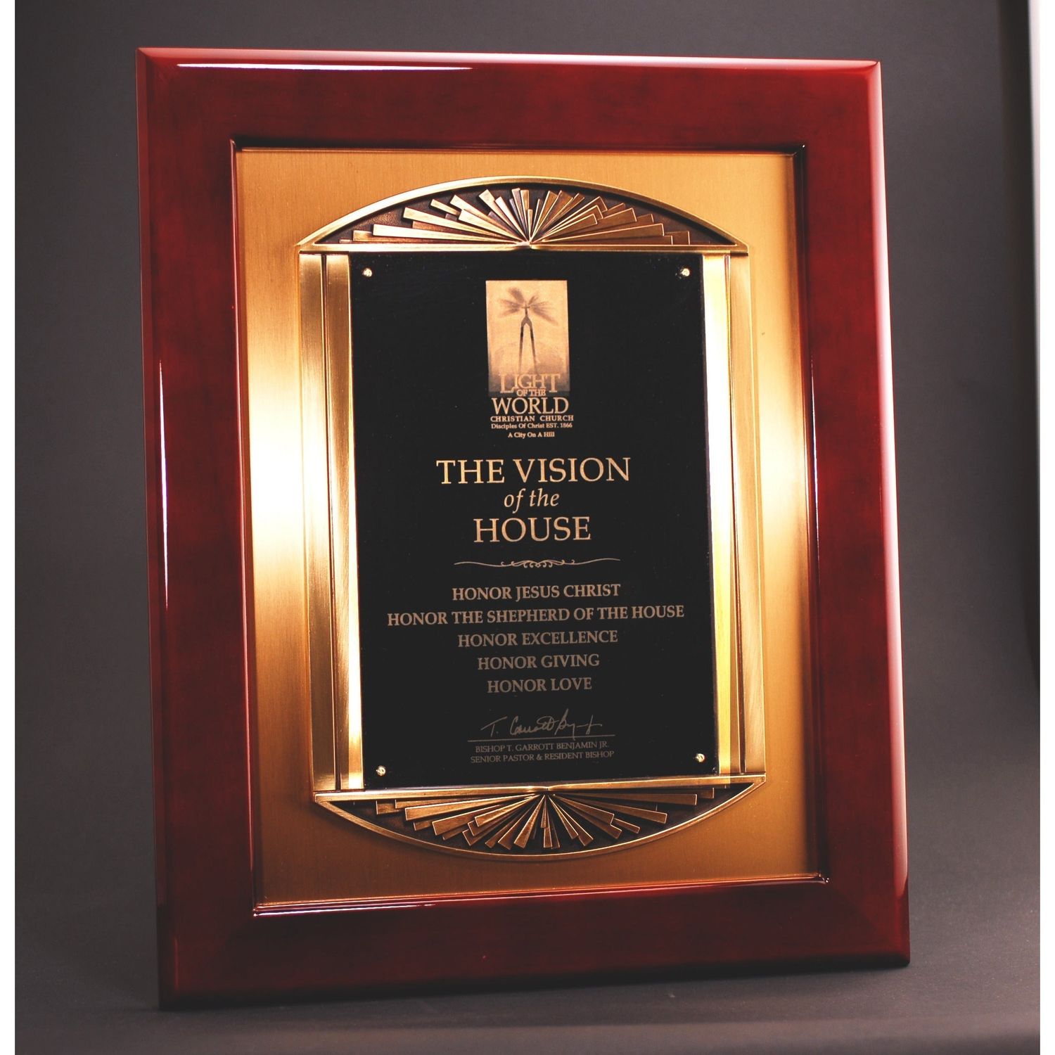 Rosewood Piano Finish Plaque With Cast Metal Frame Rosewood Piano Finish Plaque With Cast Metal Frame