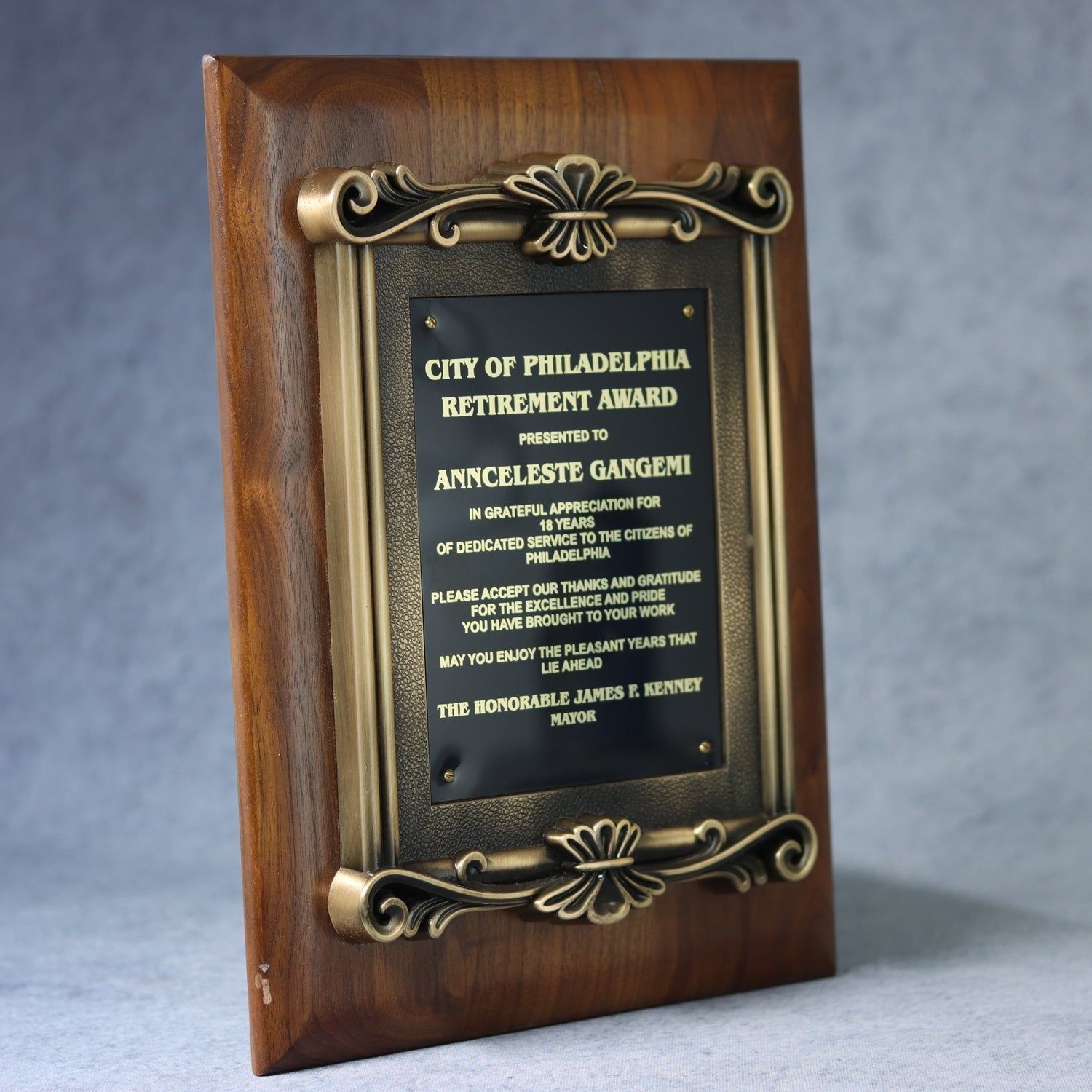 Solid Black Walnut Plaque With Cast Antique Gold Metal Scroll Frame Solid Black Walnut Plaque With Cast Antique Gold Metal Scroll Frame