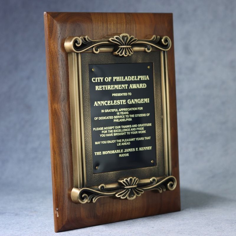 Solid Black Walnut Plaque With Cast Antique Gold Metal Scroll Frame Solid Black Walnut Plaque With Cast Antique Gold Metal Scroll Frame
