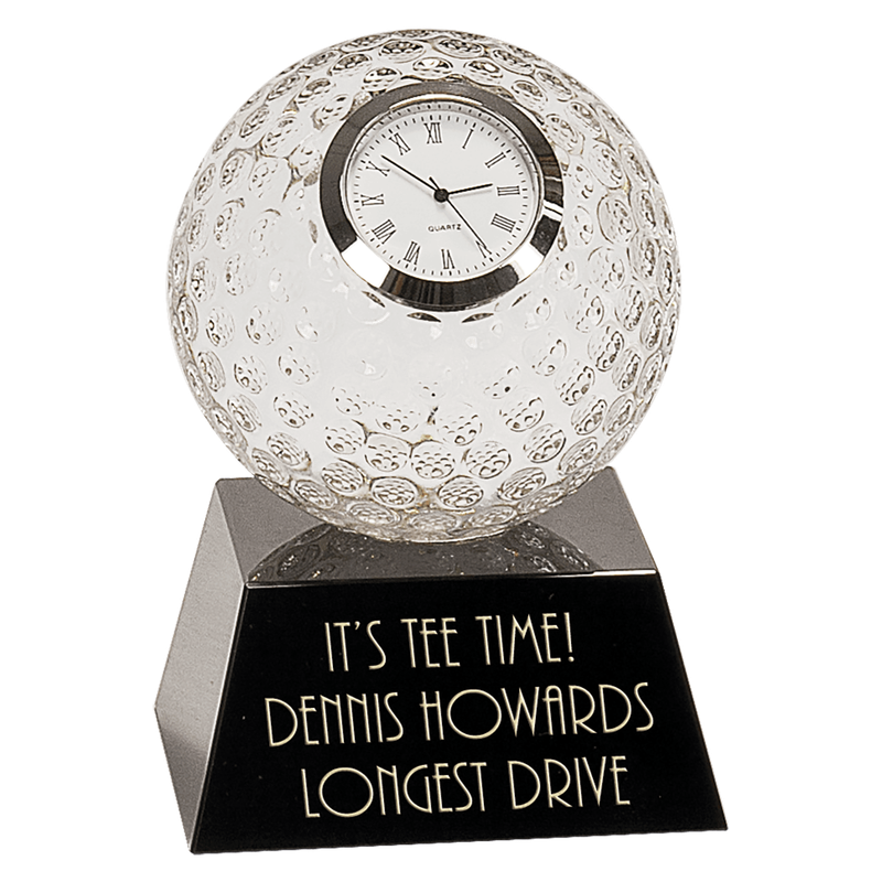 5 5" Clear Crystal Golf Ball Clock on Black Pedestal Base