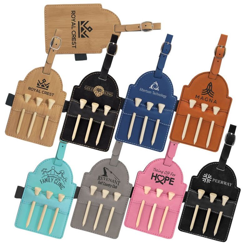 5 5" x 3 1/4" Laserable Leatherette Golf Bag Tag with 3 Wooden Tees