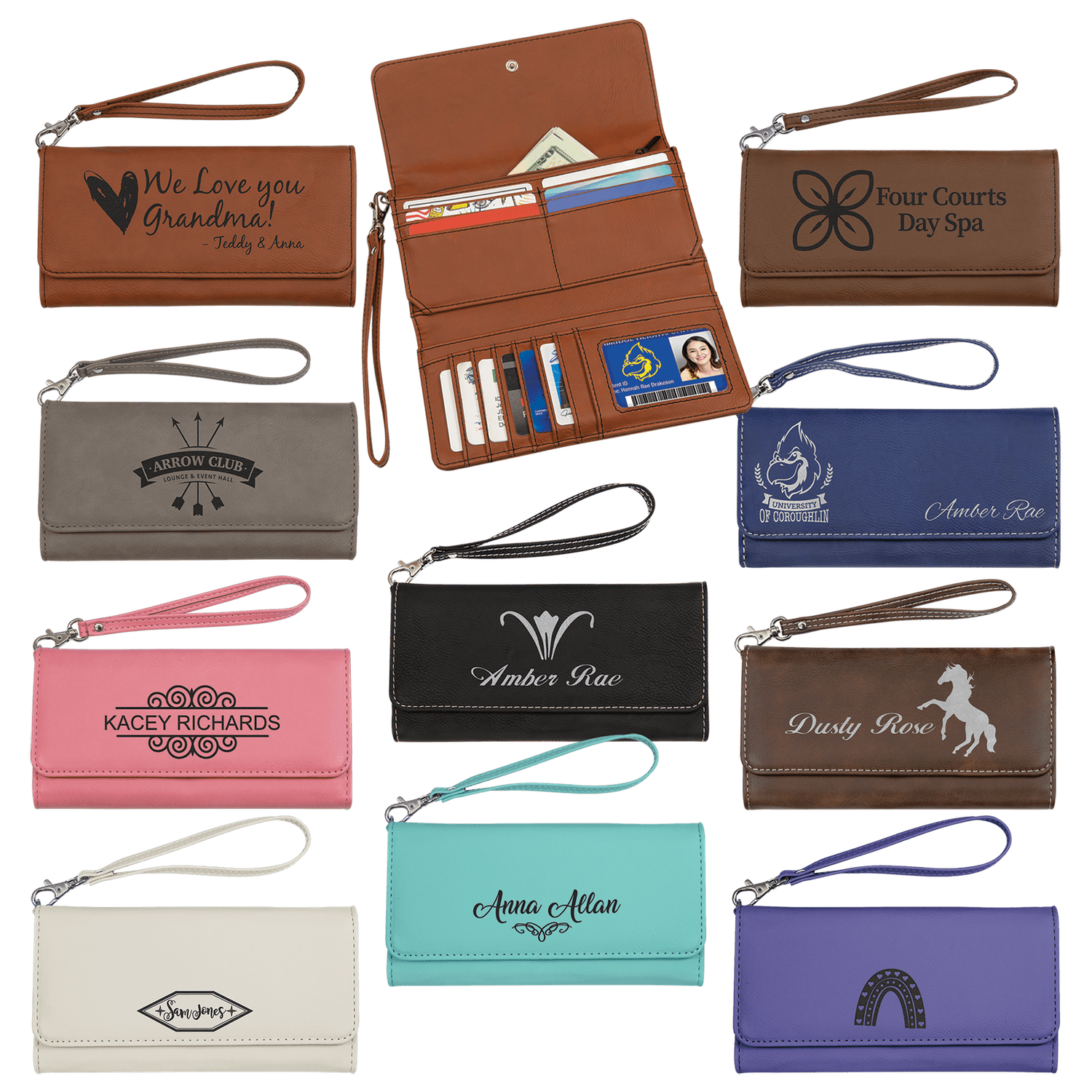 7 1/2 7 1/2" x 4" Laserable Leatherette Wallet with Strap