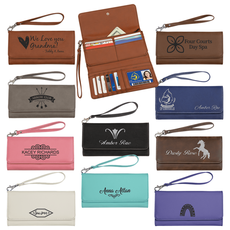 7 1/2 7 1/2" x 4" Laserable Leatherette Wallet with Strap
